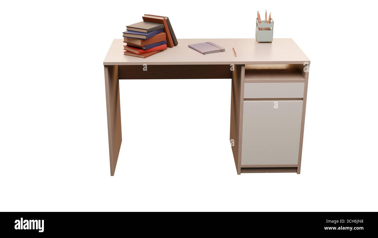 Rendering illustrato di una semplice scrivania per studenti con libri e portamatite disposti sulla parte superiore, isolati su uno sfondo bianco. Adatto per il ritorno a. Foto Stock