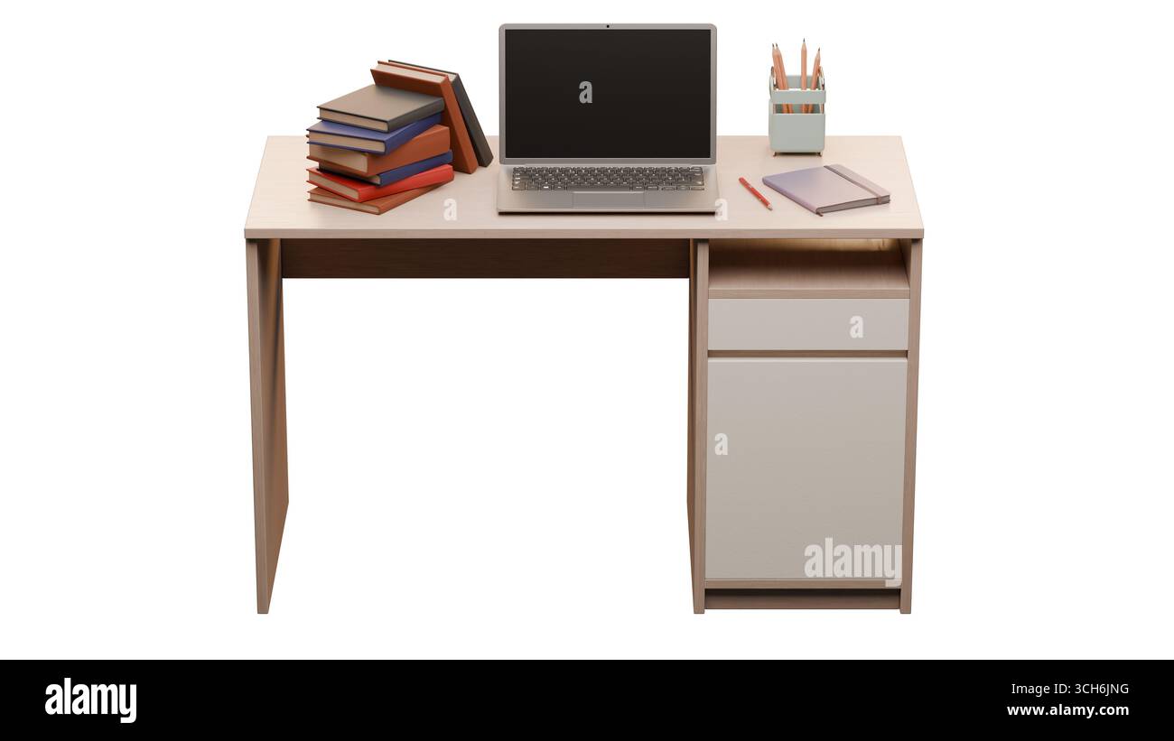 Immagine resa di una scrivania scolastica in legno con laptop, libri impilati e portamatite disposti ordinatamente sulla parte superiore, isolati su uno sfondo bianco pulito Foto Stock