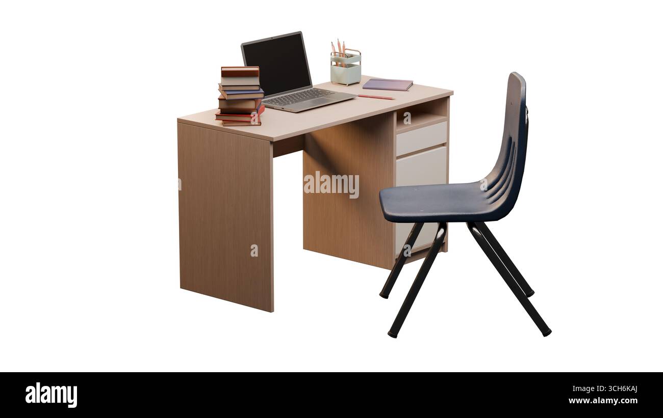 Scrivania scolastica con rendering 3D con laptop, libri impilati, portamatite e sedia con vista laterale, isolata su sfondo bianco. Ideale per l'istruzione accademica Foto Stock