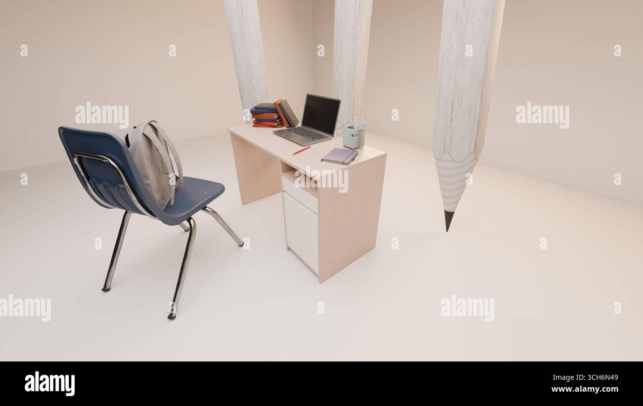 Disposizione in aula con una scrivania con laptop, libri impilati, portamatite e una sedia blu che regge uno zaino. Un tema di apprendimento e istruzione Foto Stock