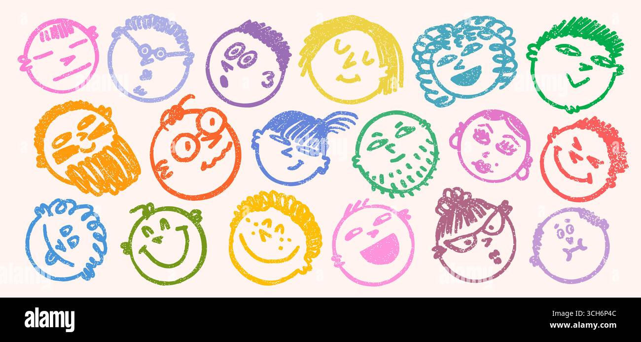 Affronta l'emoji doodle con un sorriso in una texture colorata. Icone di faccia disegnano disegni con effetto texture pastello. Perfetto per disegni e adesivi per bambini Illustrazione Vettoriale