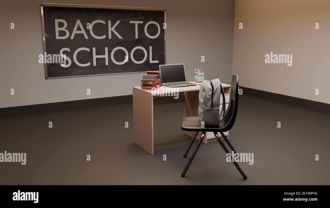 Una semplice disposizione in aula con una scrivania singola con laptop, libri e sedia posizionata di fronte a una lavagna che recita "Back to School", evokin Foto Stock