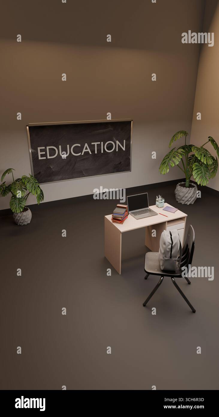 Disposizione verticale dell'aula con un'unica scrivania con laptop, libri e zaino su sedia, posizionata di fronte a una lavagna con la scritta "Education" W. Foto Stock