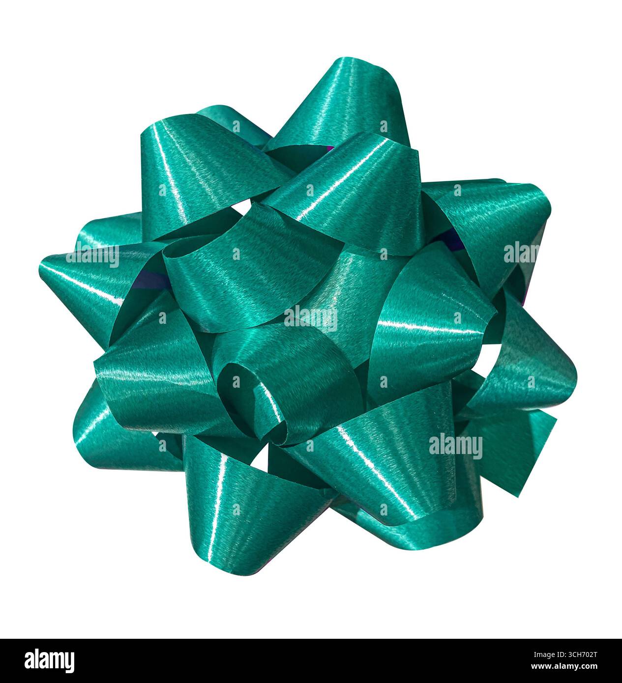 Arco a nastro verde lucido isolato su sfondo bianco con percorso di ritaglio. Elemento di design per schede, inviti, poster. Foto Stock