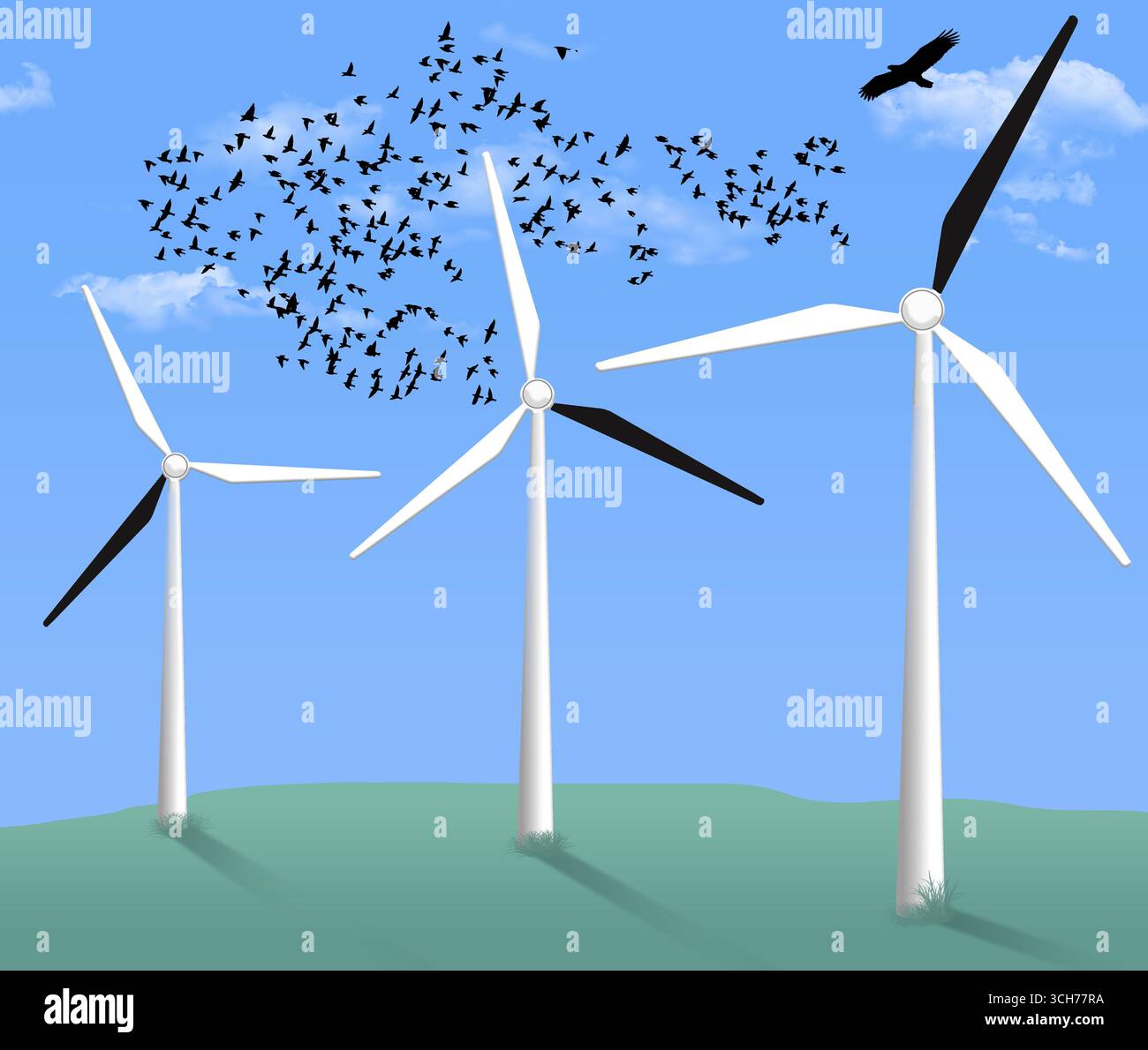 L'aggiunta di una lama nera alle turbine eoliche garantisce la sicurezza degli uccelli. Uno studio norvegese ha rilevato una riduzione di oltre il 70% della mortalità degli uccelli, specialmente per i rapaci come Foto Stock