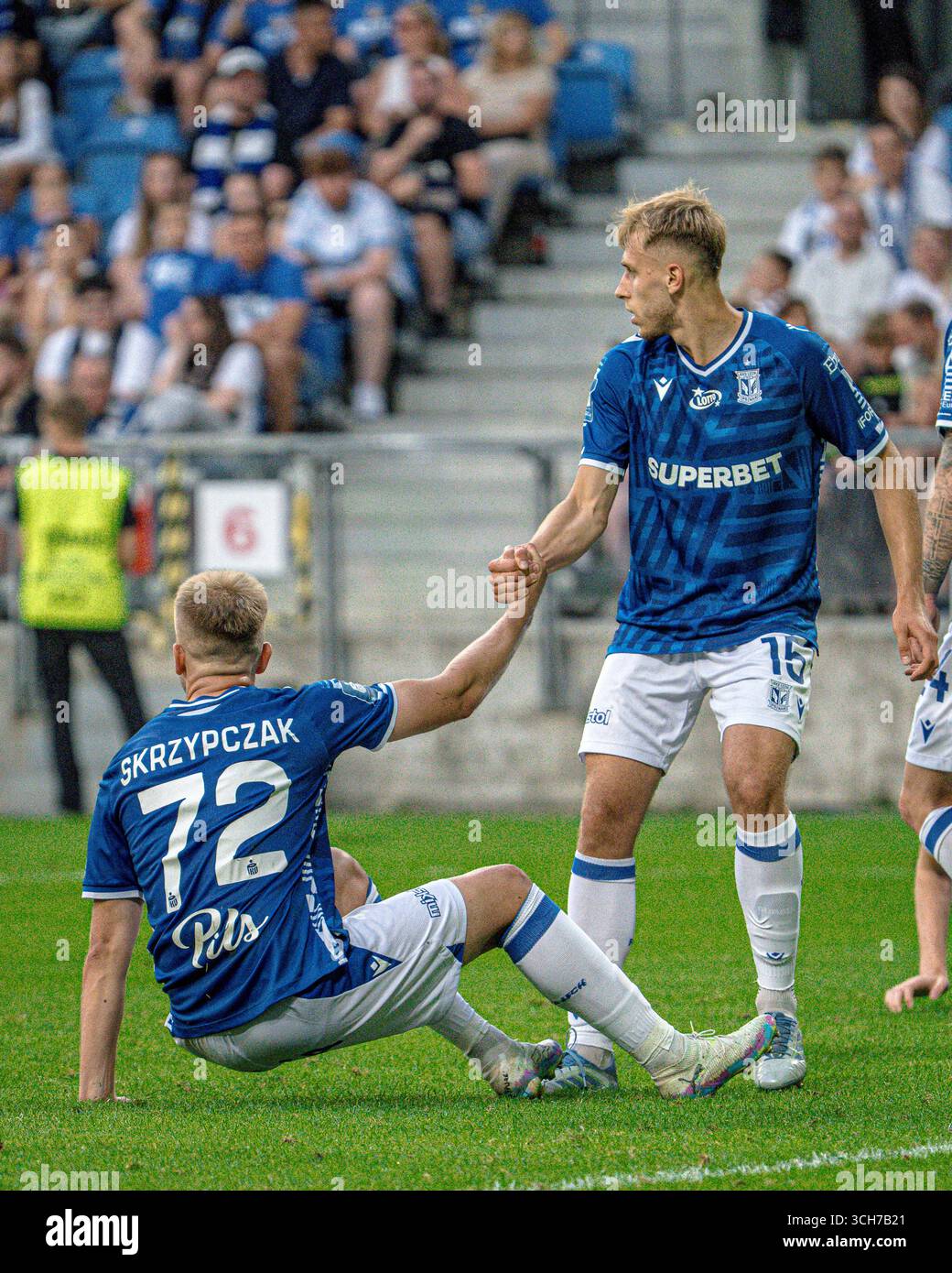 31 agosto 2025, Poznan, Polonia - Mateusz Skrzypczak di Lech Poznań in azione durante il PKO Ekstraklasa match tra Lech Poznań e Widzew Łódź. Foto Stock