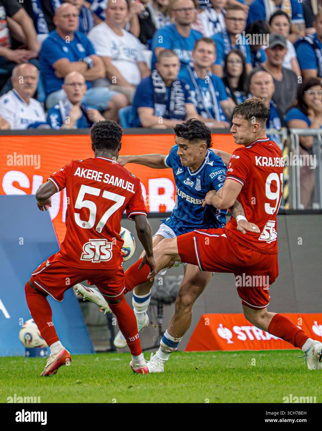 31.08.2025, Łódź - Luis Palma in azione per Lech Poznań contro Widzew Łódź durante la partita Ekstraklasa. Foto Stock