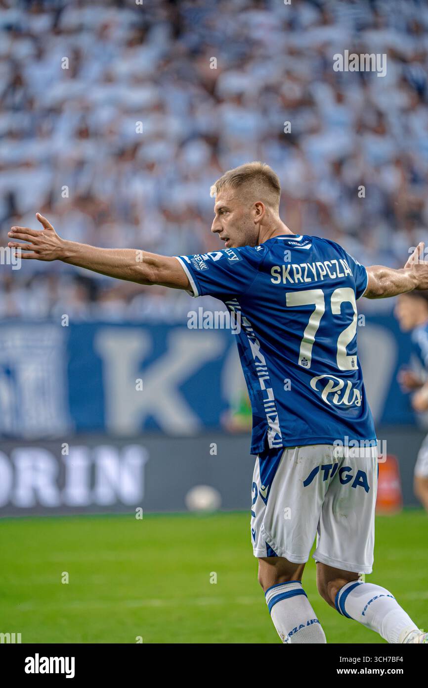 31 agosto 2025, Poznan, Polonia - Mateusz Skrzypczak di Lech Poznań in azione durante il PKO Ekstraklasa match tra Lech Poznań e Widzew Łódź. Foto Stock
