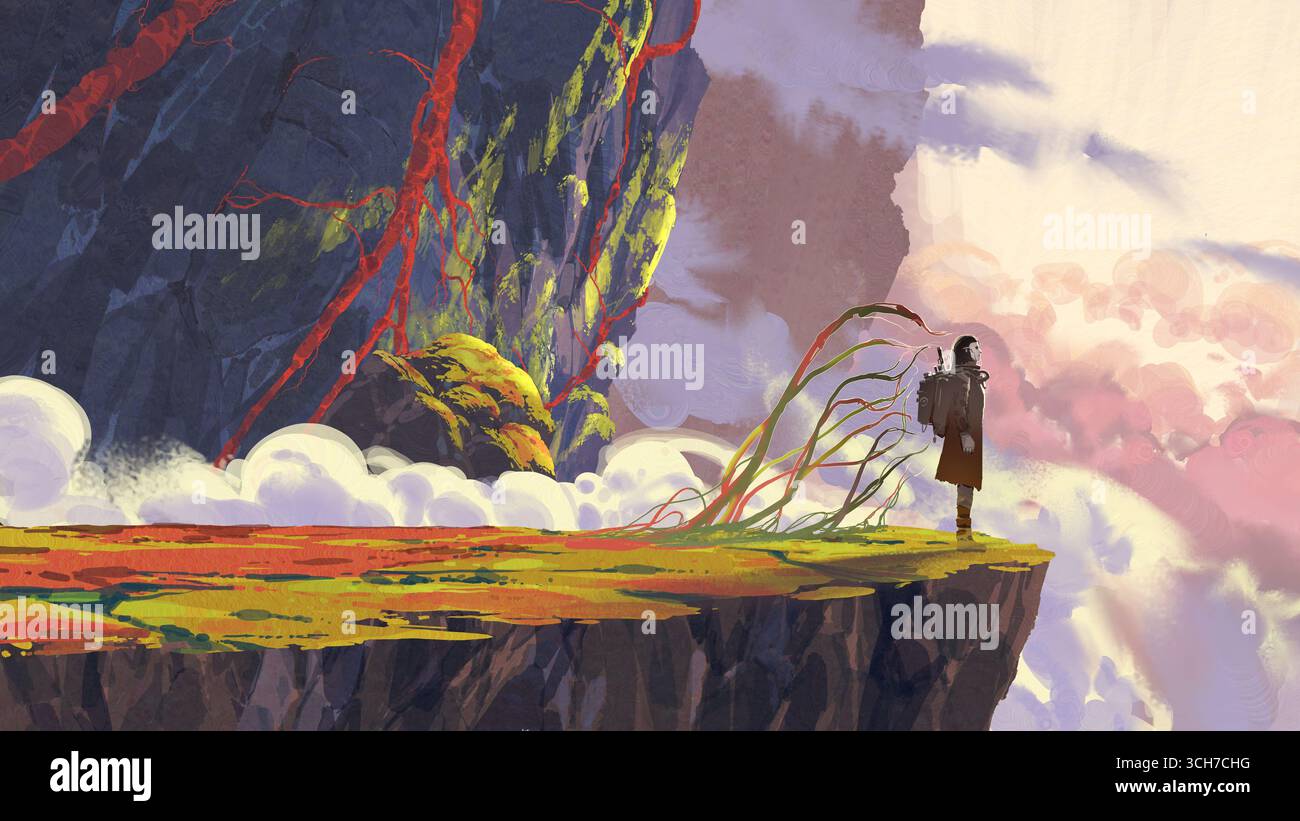 Un esploratore si erge su una scogliera sopra le nuvole e si affaccia su un'enorme montagna ricoperta da vigneti rossi brillanti, stile di arte digitale, pittura illustrativa Foto Stock