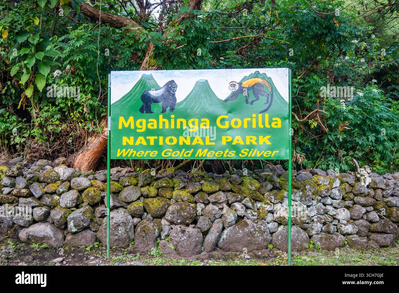 Segui le indicazioni per il quartier generale del Mgahinga Gorilla National Park, uno dei numerosi punti per iniziare il percorso di Mountain Gorilla. Uganda, Africa. Foto Stock