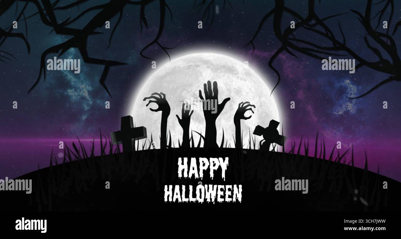 Immagine di felice testo di halloween, lapidi e mani con luna piena sullo sfondo Foto Stock
