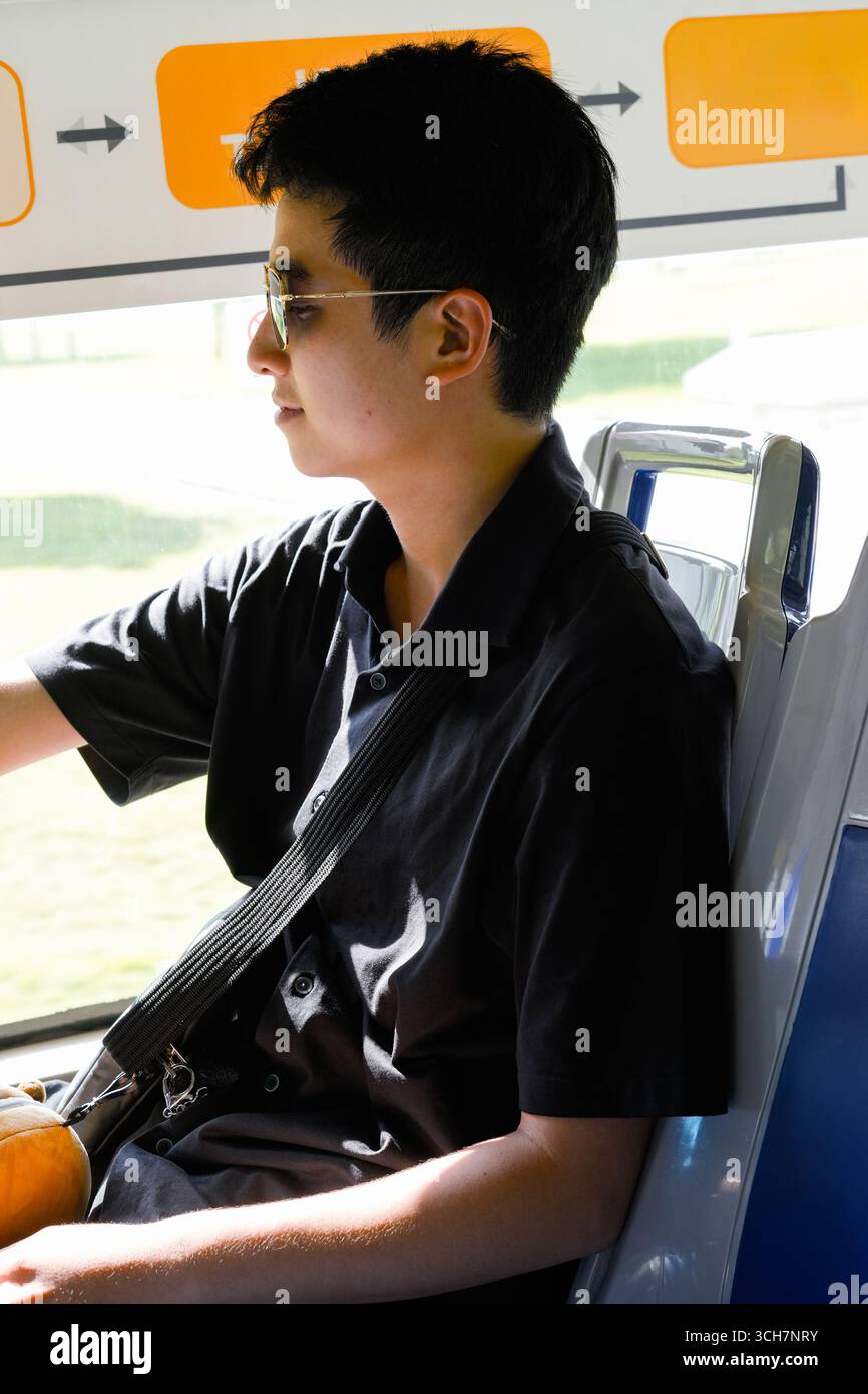 Giovane uomo con occhiali da sole, autobus che guarda fuori dal finestrino, atmosfera e stile di viaggio rilassati Foto Stock