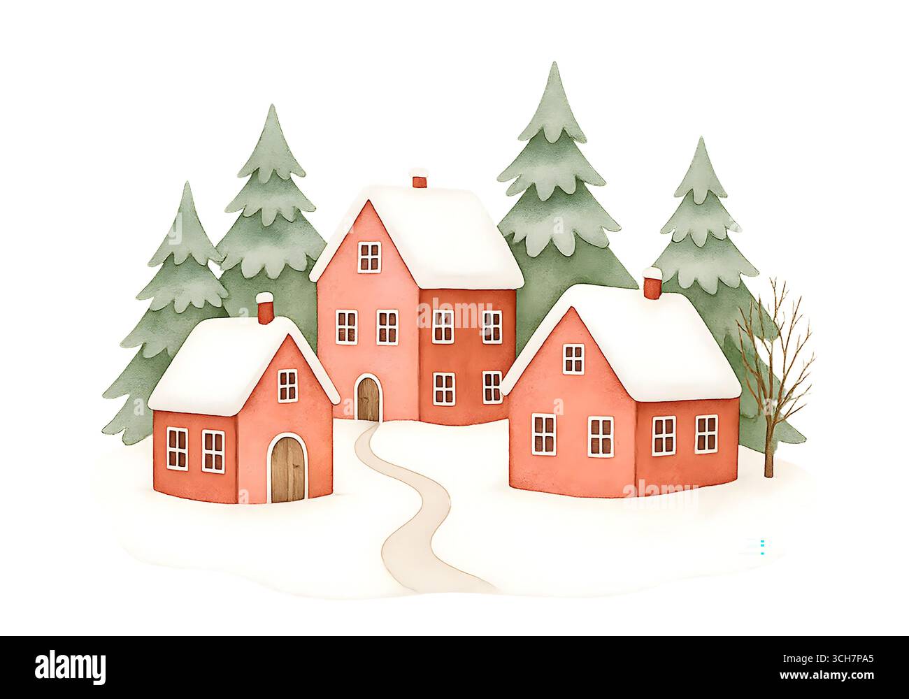 Graziosa casa di Natale con illustrazione del tetto innevato Foto Stock