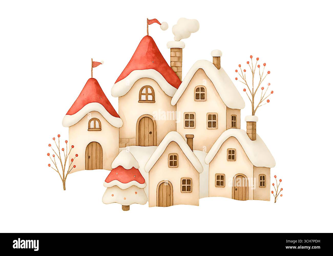 Graziosa casa di Natale con illustrazione del tetto innevato Foto Stock