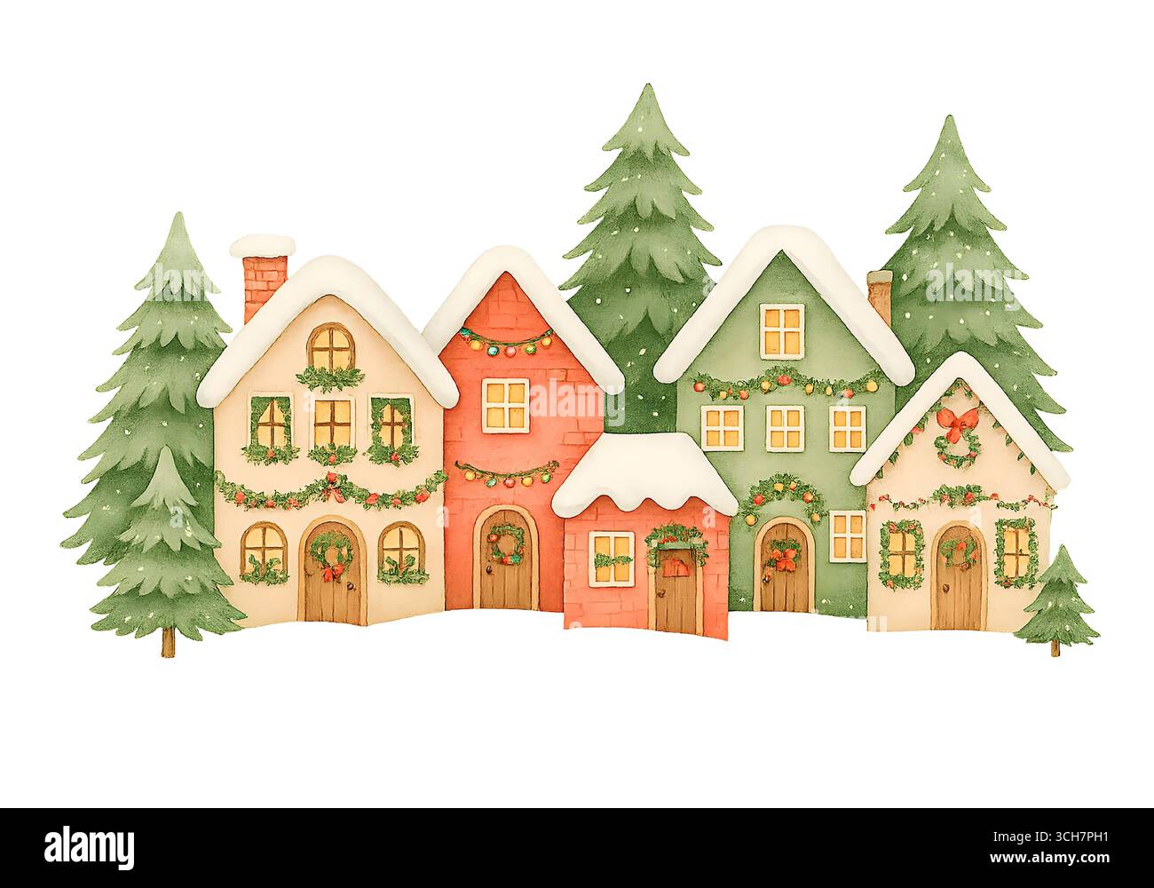 Graziosa casa di Natale con illustrazione del tetto innevato Foto Stock