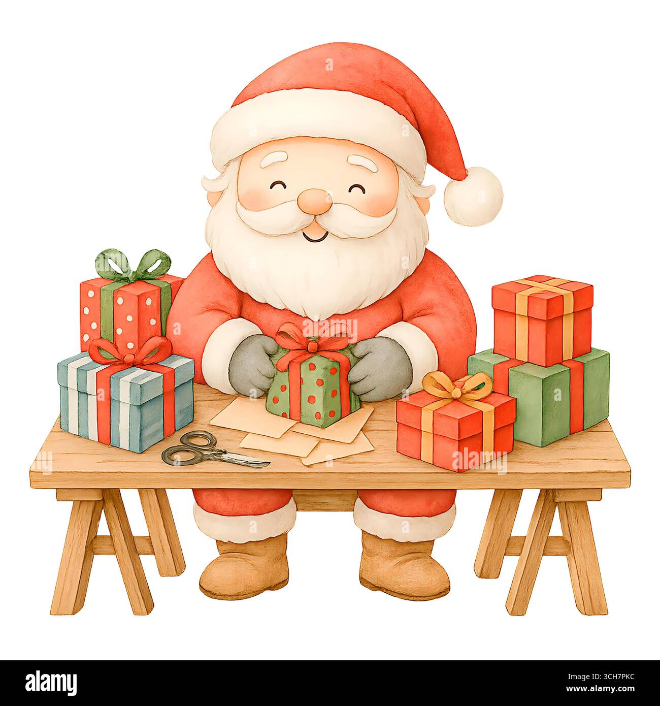 Acquerello Babbo Natale nel laboratorio di Natale, simpatica illustrazione natalizia con regali e giocattoli Foto Stock