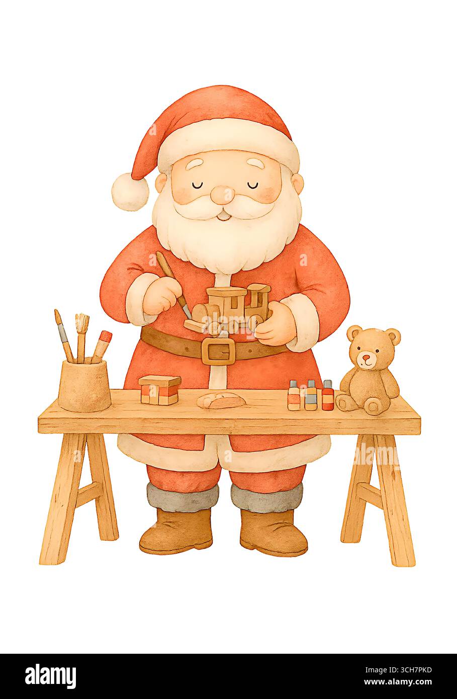 Acquerello Babbo Natale nel laboratorio di Natale, simpatica illustrazione natalizia con regali e giocattoli Foto Stock