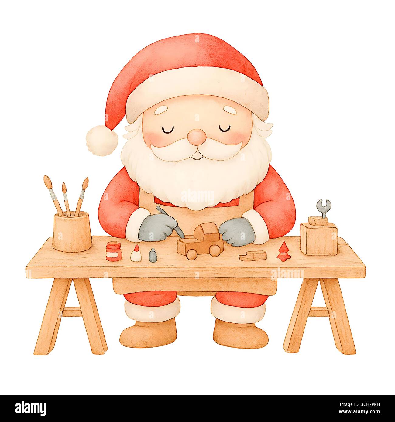 Acquerello Babbo Natale nel laboratorio di Natale, simpatica illustrazione natalizia con regali e giocattoli Foto Stock