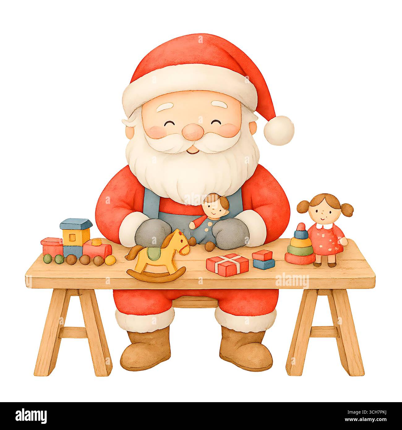 Acquerello Babbo Natale nel laboratorio di Natale, simpatica illustrazione natalizia con regali e giocattoli Foto Stock