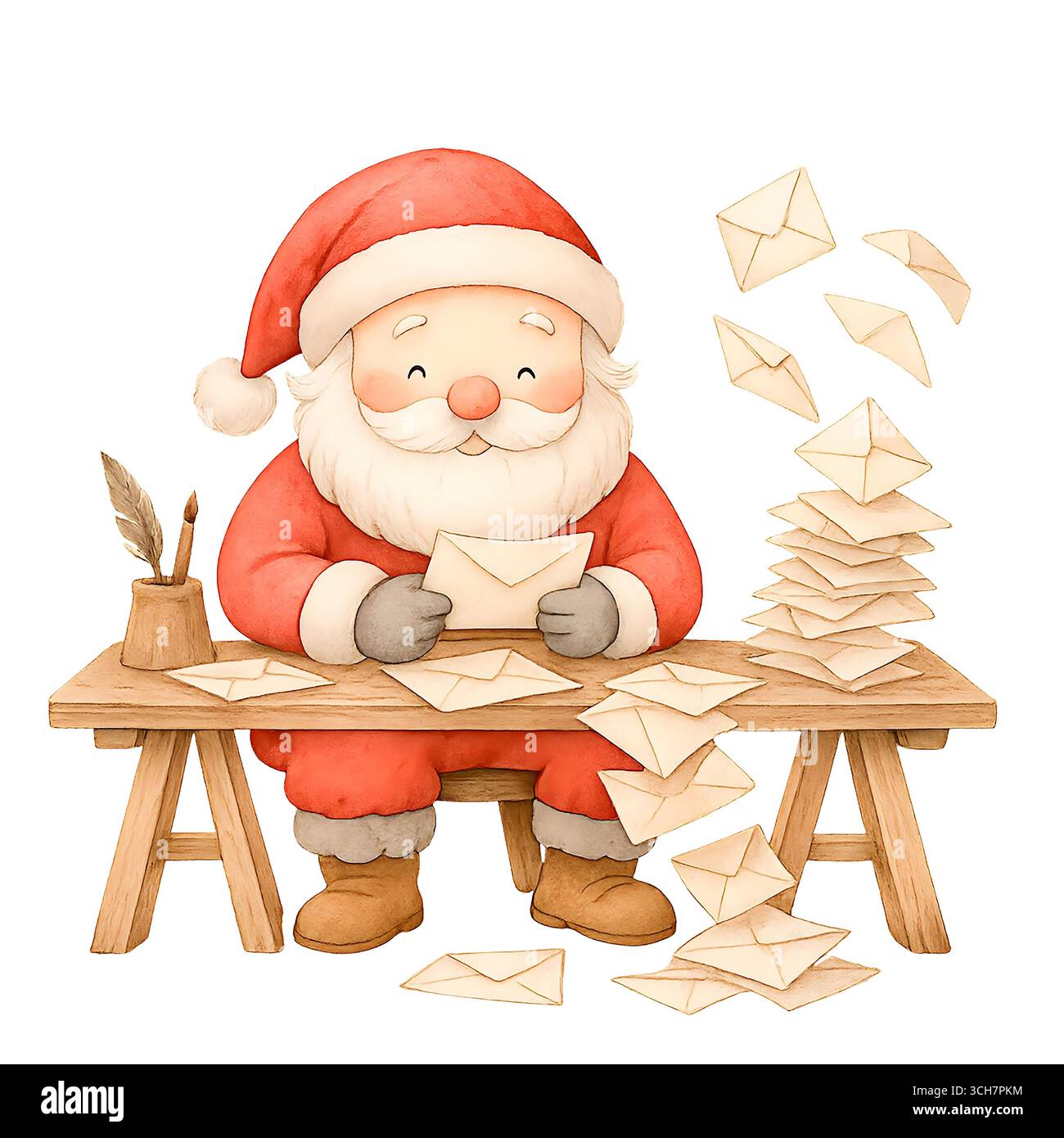 Acquerello Babbo Natale nel laboratorio di Natale, simpatica illustrazione natalizia con regali e giocattoli Foto Stock