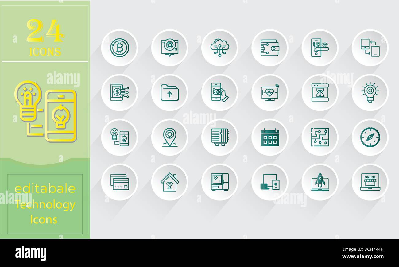 Set di icone tecnologiche modificabili, 24 moderni simboli vettoriali digitali per app, web, blockchain, intelligenza artificiale, comunicazione, e progettazione di reti. Illustrazione Vettoriale