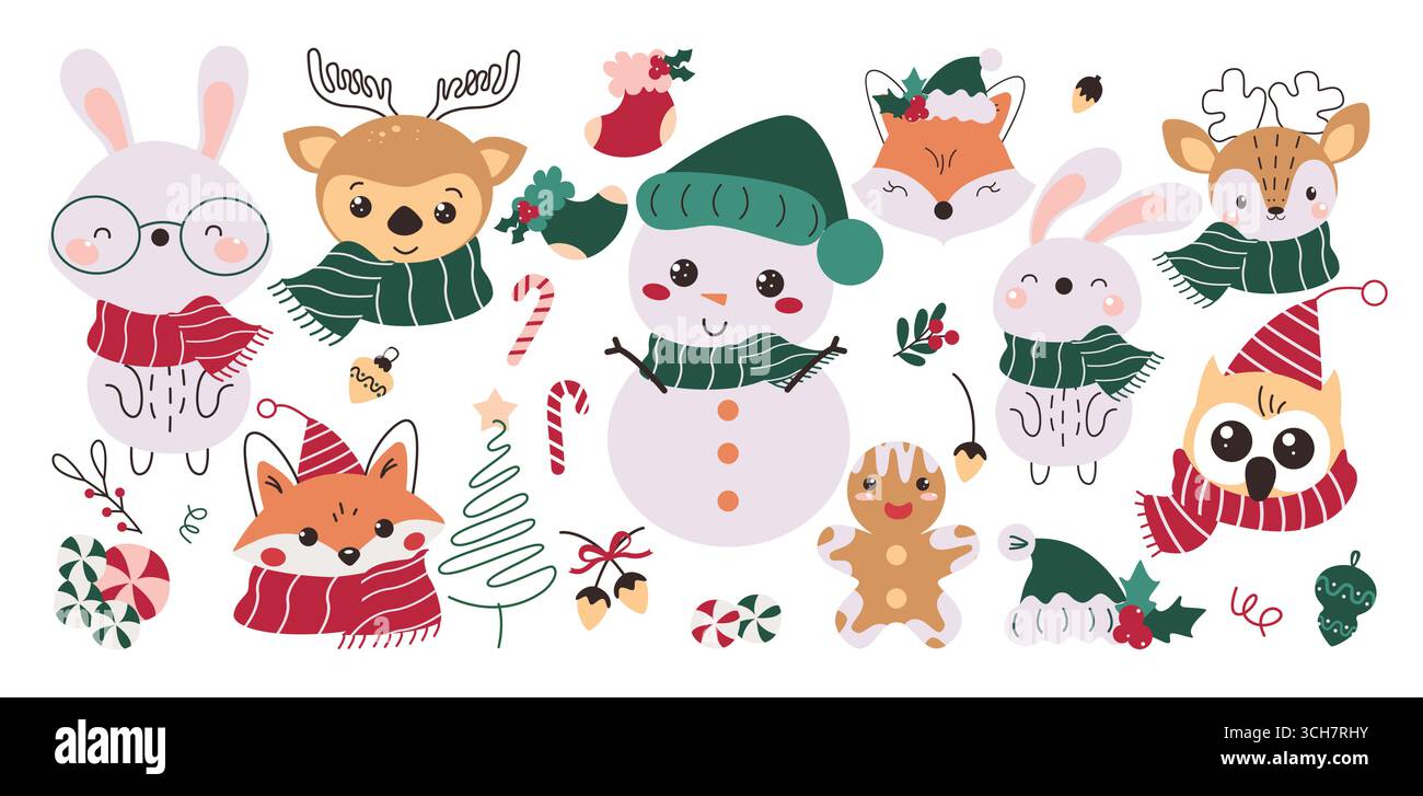 Set clipart dei personaggi natalizi. I personaggi di Natale e gli elementi natalizi ritagliano la decorazione dei simboli degli animali con un volto carino e felice Illustrazione Vettoriale
