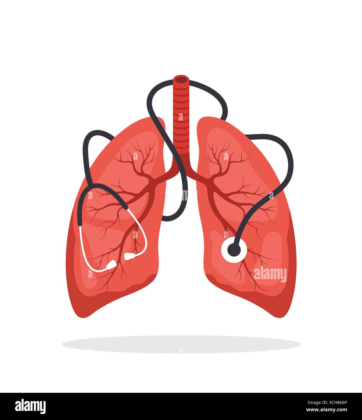 Concetto di cura dei polmoni. Controllo medico. Polmone grande e realistico con stetoscopio. Illustrazione del vettore piatto Illustrazione Vettoriale