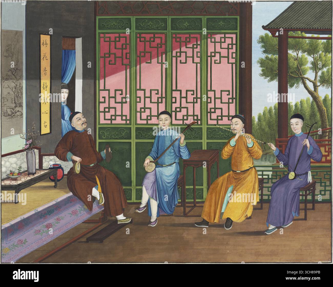 Qing Dynasty Chamber Ensemble in un Garden Pavilion, Canton Export album Foto Stock