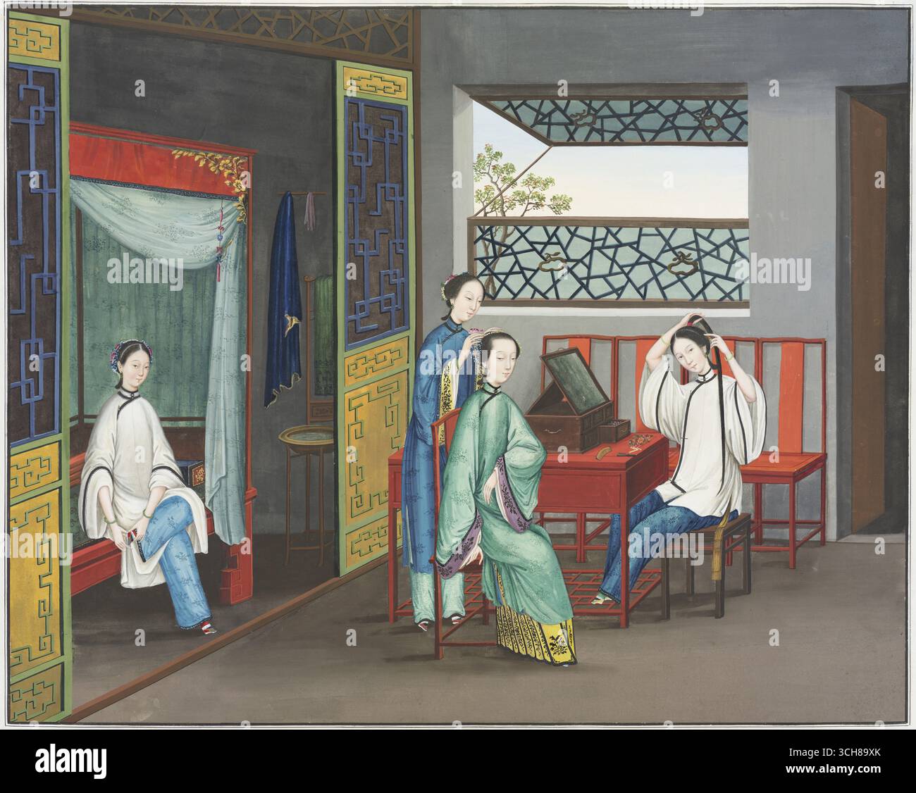 Qing Dynasty Boudoir Grooming con lavandino e letto a baldacchino, album di esportazione Canton Foto Stock