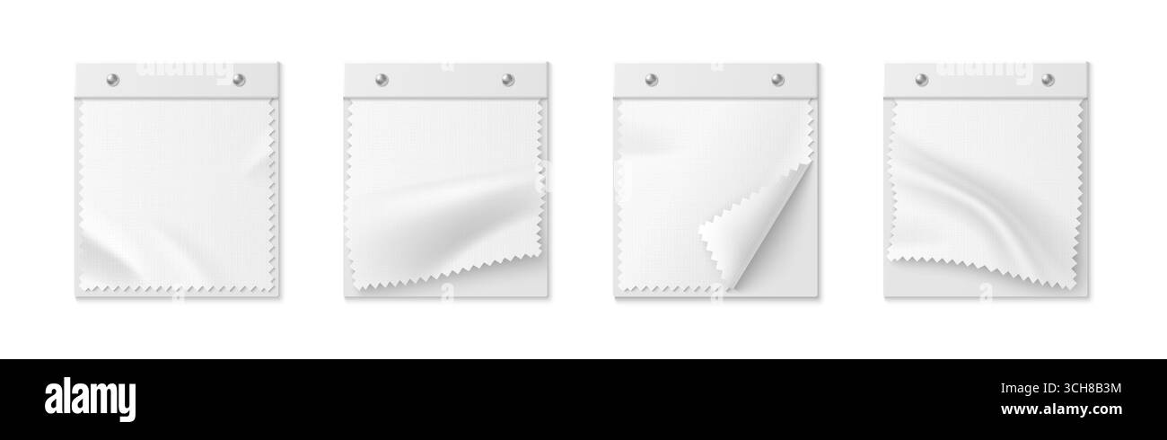 Set di campioni di tessuto bianco con motivo a zig-zag. Pezzi in tela vuota con angoli ripiegati per cataloghi di design per presentazioni alla moda o portafogli di decorazioni per interni. Illustrazione Vettoriale