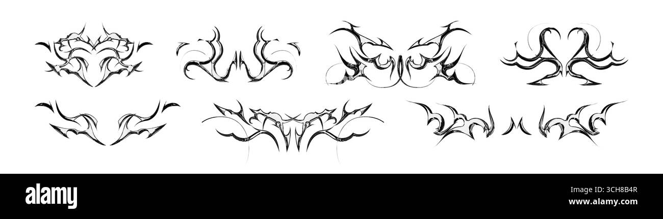 Collezione di tatuaggi in metallo Tribal y2k con disegni gotici simmetrici per uno stile alternativo e una body art. Ornamenti neri a fiamma con bordi affilati ed estetica metalcore. Elementi decorativi vettoriali Illustrazione Vettoriale