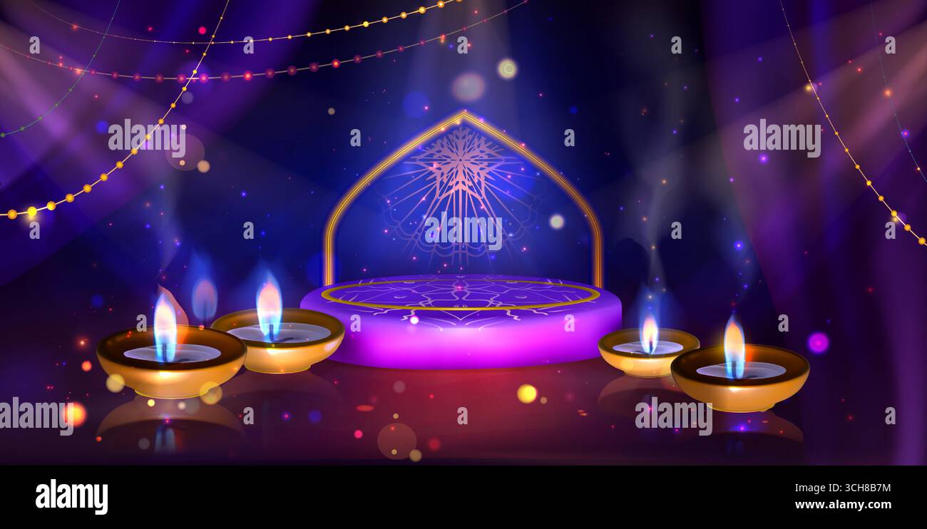 Sfondo Happy Diwali con lanterna luminosa e podio festoso per festeggiare. Tradizionale festival indiano con luci decorative e candele per saluti o vetrine natalizie. Illustrazione Vettoriale