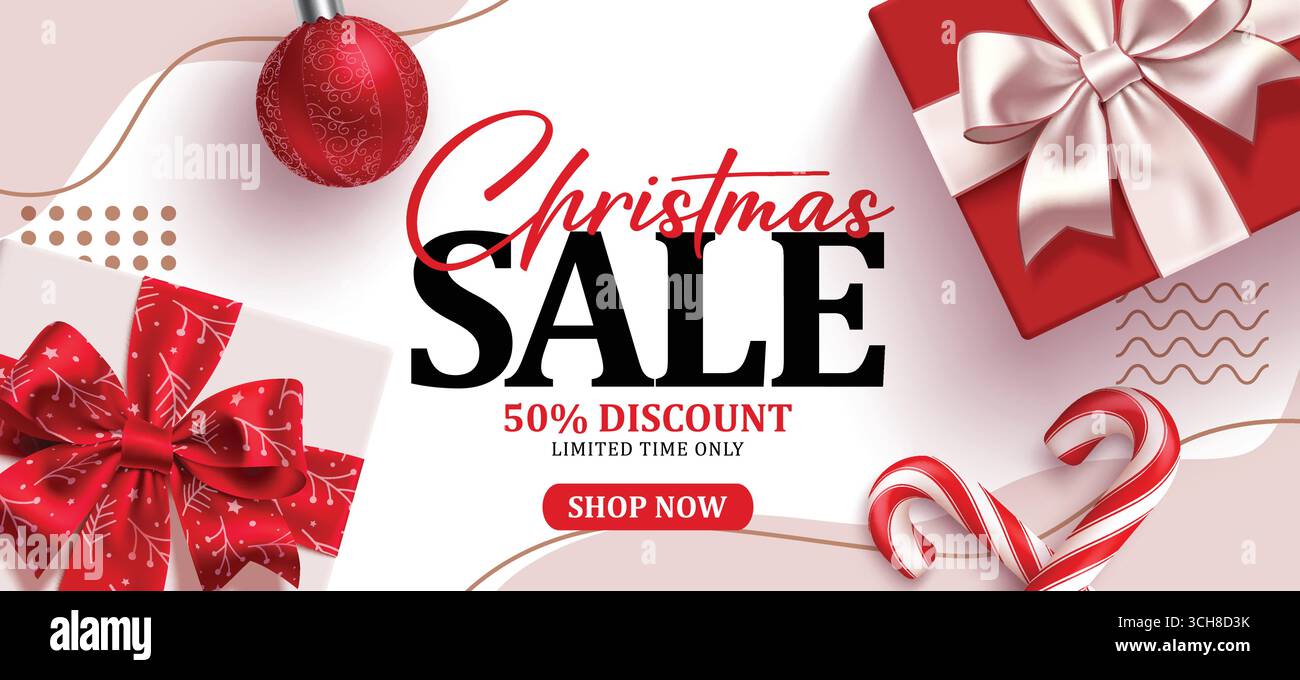 Clipart del banner degli sconti natalizi. Promozione natalizia: Clip art modello tessera per il 50% di sconto sull'offerta speciale per il design astratto dello sfondo Illustrazione Vettoriale