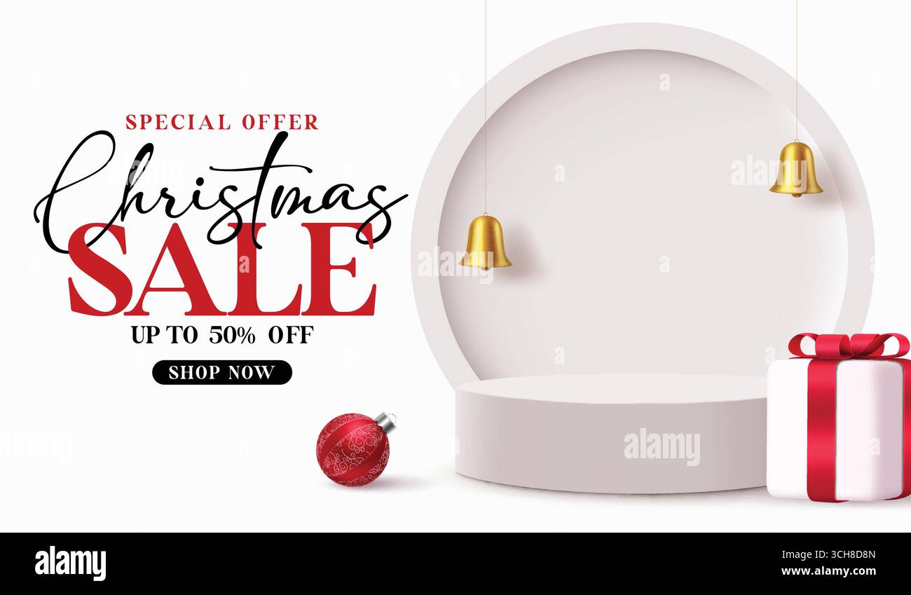 Striscione bianco del podio natalizio. Podio bianco con vendita natalizia clip art offerta speciale sconto shopping per prodotti natalizi Illustrazione Vettoriale