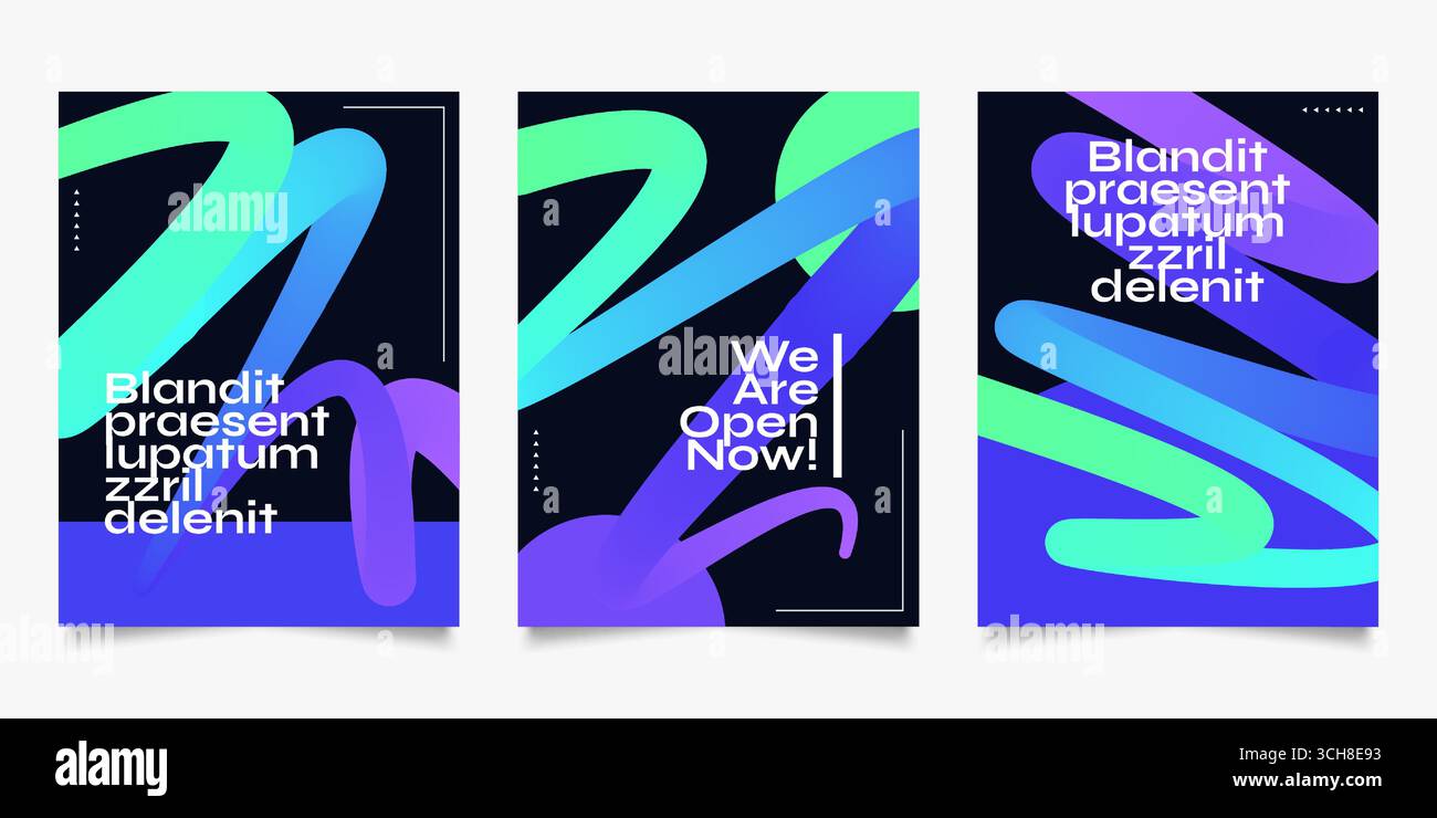 Set di design a poster moderno e semplice, con linee ondulate sfumate verdi, blu e viola. Design astratto per copertina, opuscoli, brochure, banner e poster Illustrazione Vettoriale