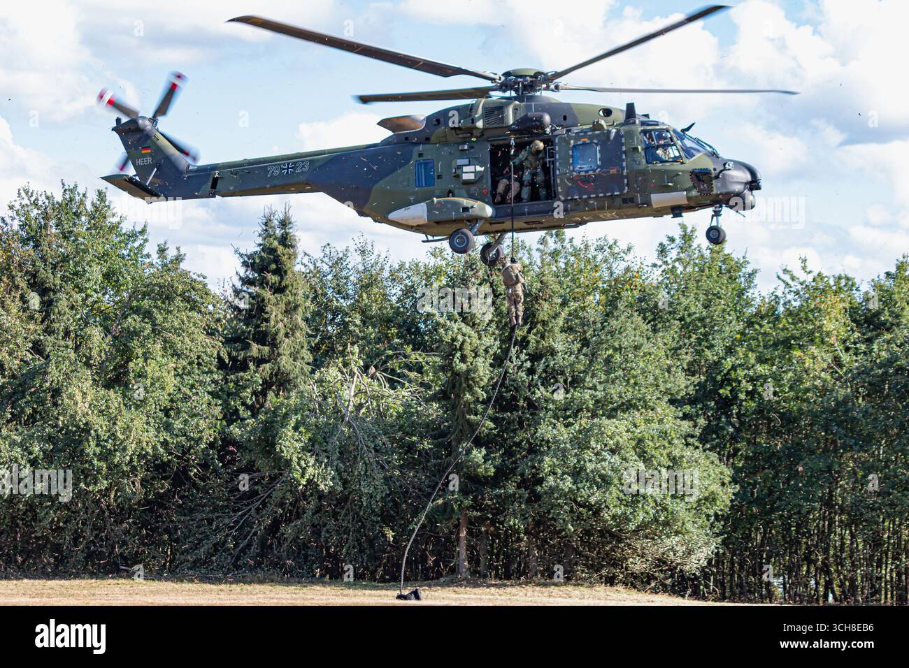 Un elicottero militare tedesco della Bundeswehr NH90 vola basso durante un'esercitazione NATO, gettando polvere mentre esegue manovre tattiche. La scena mostra dyna Foto Stock