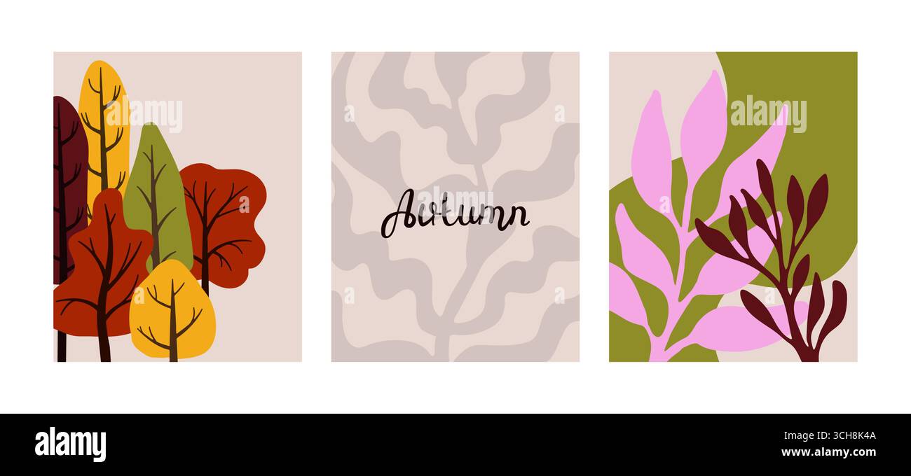 Set di tre striscioni autunnali con alberi colorati, foglie e forme astratte, che creano un'atmosfera calda e invitante per i disegni a tema autunnale e. Illustrazione Vettoriale