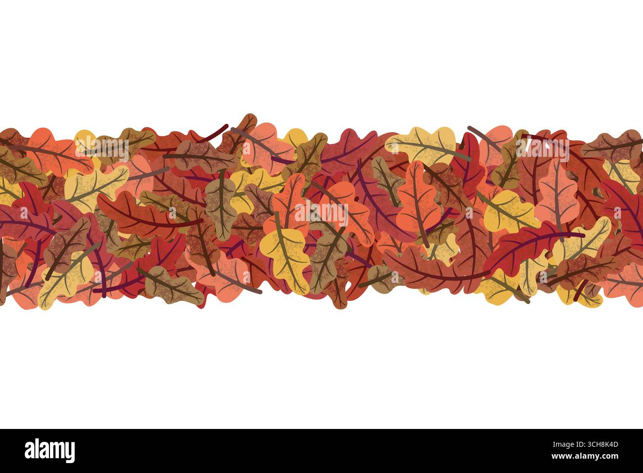 Foglie di quercia colorate che creano un vivace bordo orizzontale senza cuciture su sfondo bianco, esaltando un design a tema autunnale con sfumature natalizie di o Illustrazione Vettoriale