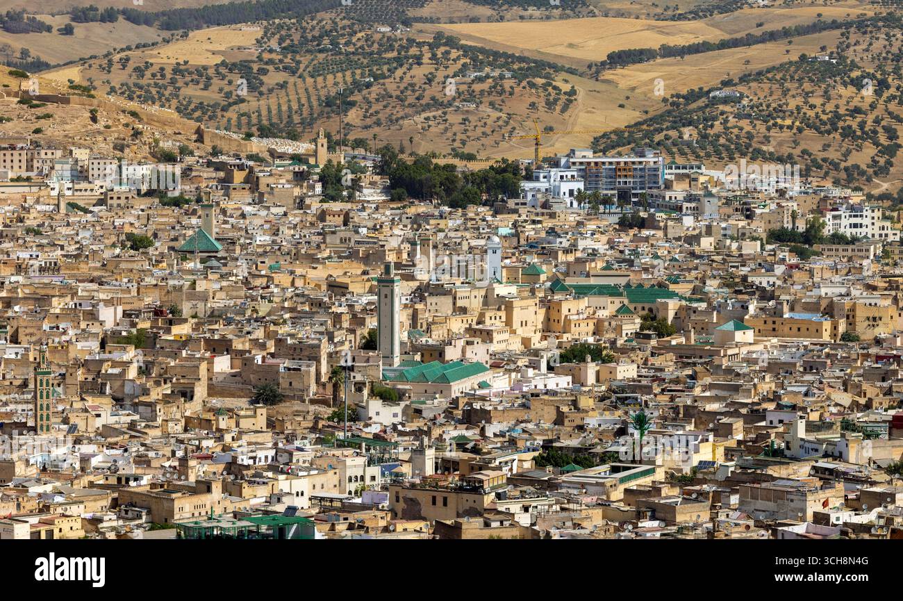 Vista panoramica sulla medina di Fez (Fès), Marocco, da un belvedere collinare, che mostra tetti fitti, minareti moschea e le colline circostanti. Foto Stock