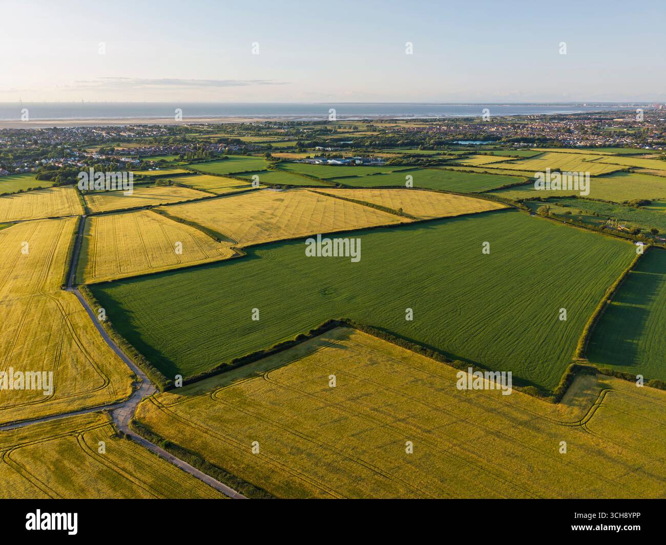 Vista aerea dei terreni agricoli di Wirral, Merseyside, Inghilterra, con un mosaico di campi Foto Stock