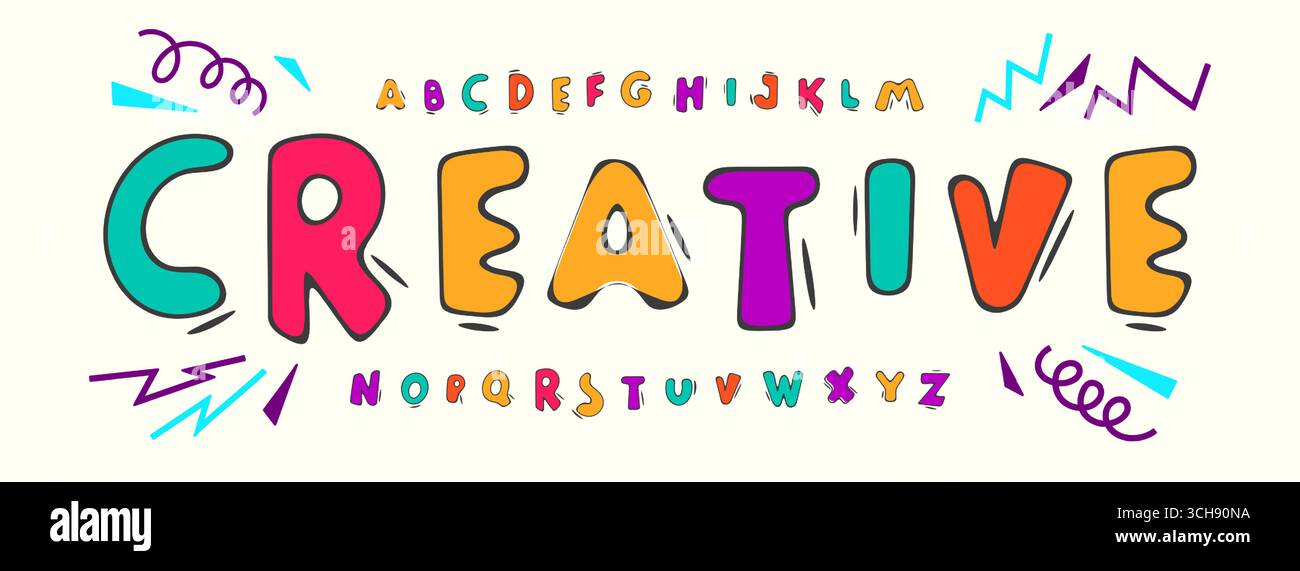 Divertente alfabeto dei cartoni animati, lettere artistiche funky, font per bambini colorati e creativi per il logo della festa, titolo del cartello scolastico, allegro design tipografico, moderno Illustrazione Vettoriale