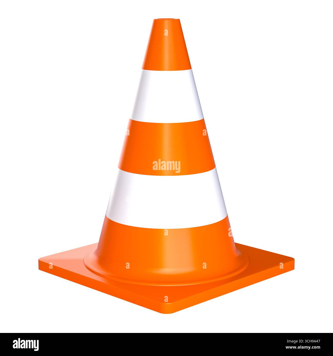 Cono di traffico isolato arancione a strisce 3d. Foto Stock