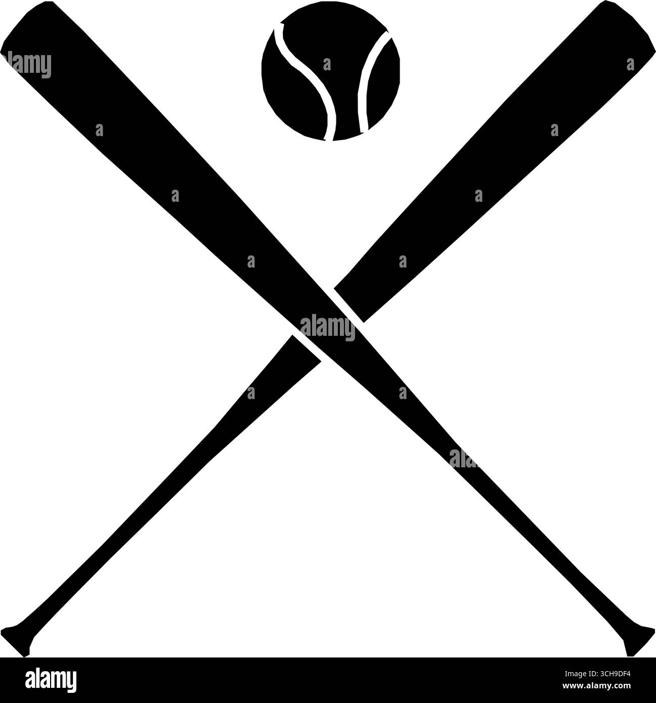 Classica illustrazione grafica in bianco e nero di un baseball incrociato con due mazze da baseball su sfondo bianco. Illustrazione Vettoriale