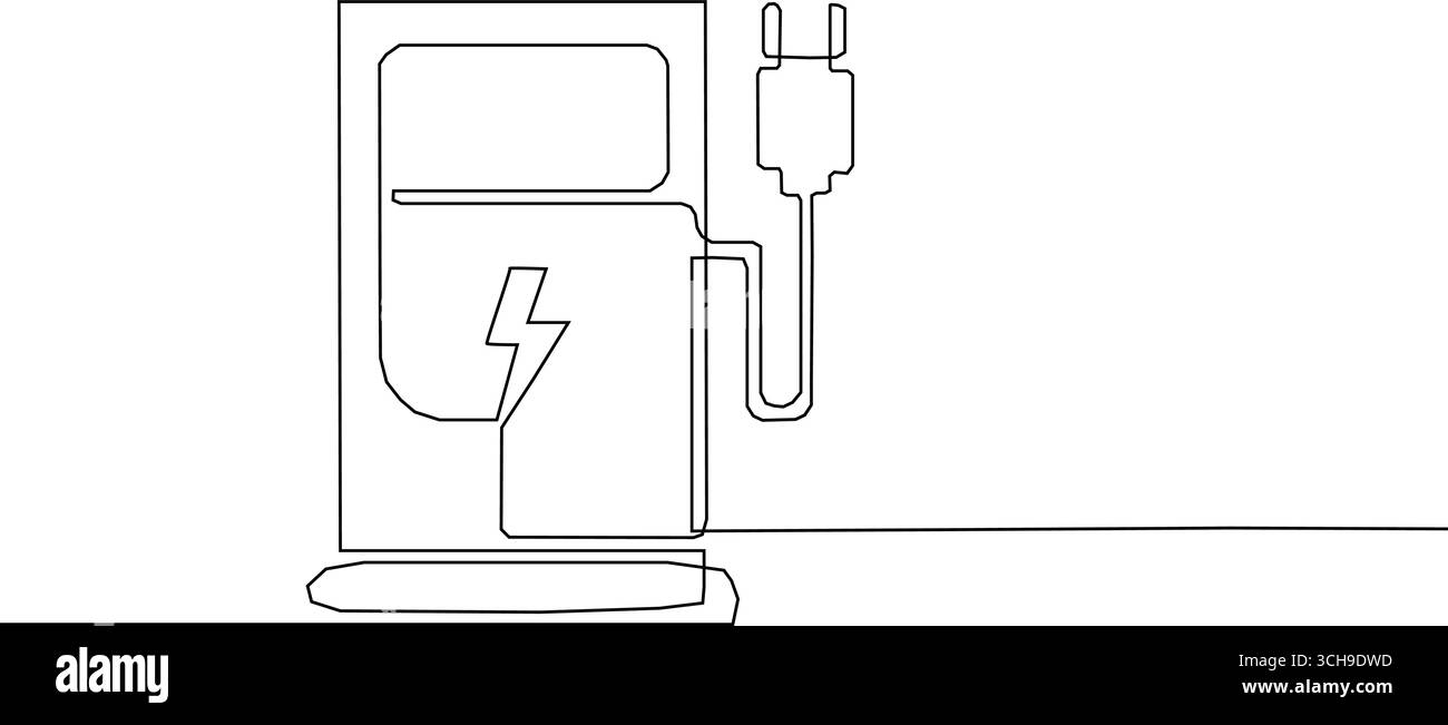 Linea singola continua che disegna auto elettrica alla stazione di ricarica. Concetto di auto elettrica. Illustrazione grafica vettoriale del disegno a linea singola. Illustrazione Vettoriale