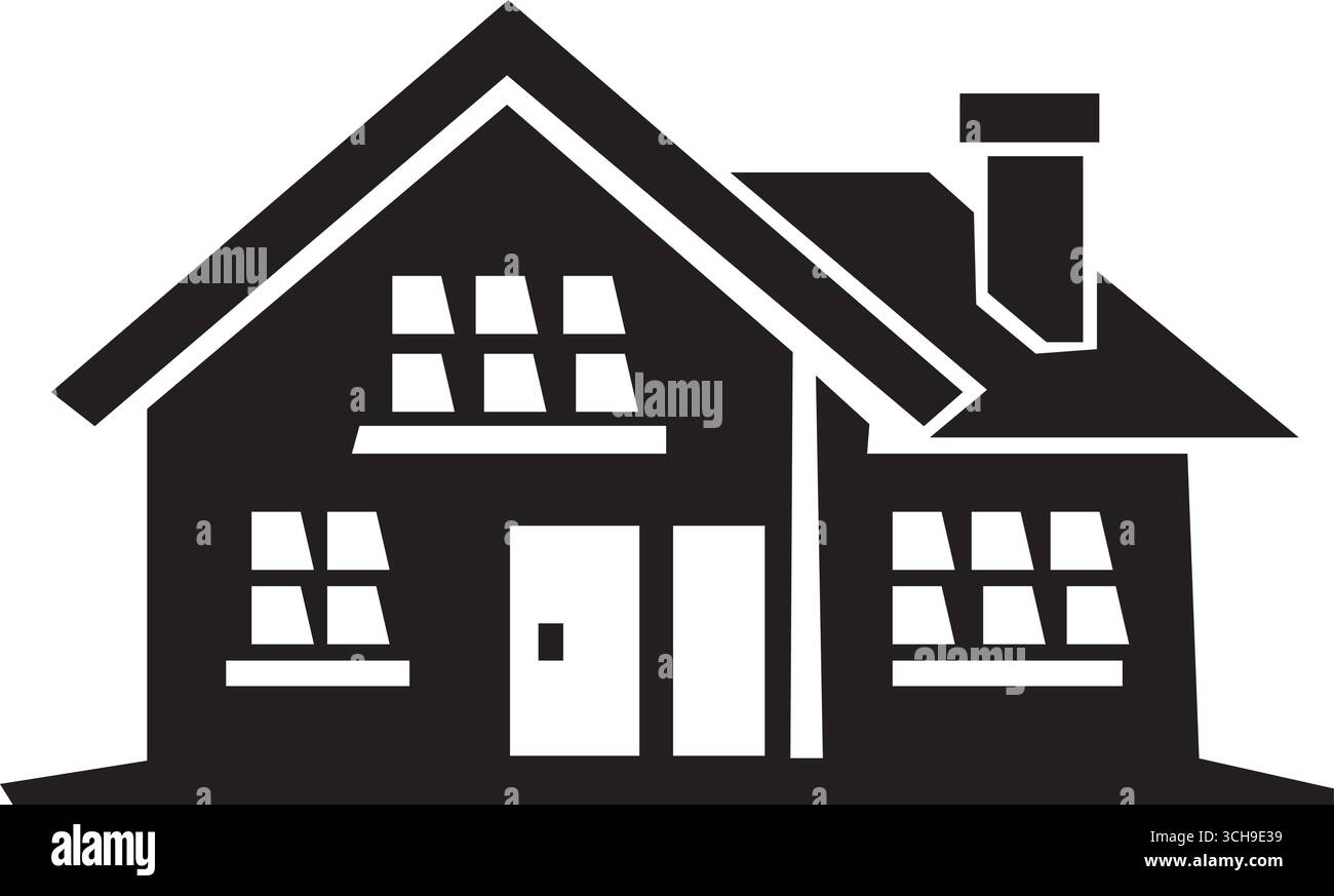 Una silhouette bianca e nera di una casa su uno sfondo bianco isolato. Grafica vettoriale. Illustrazione Vettoriale