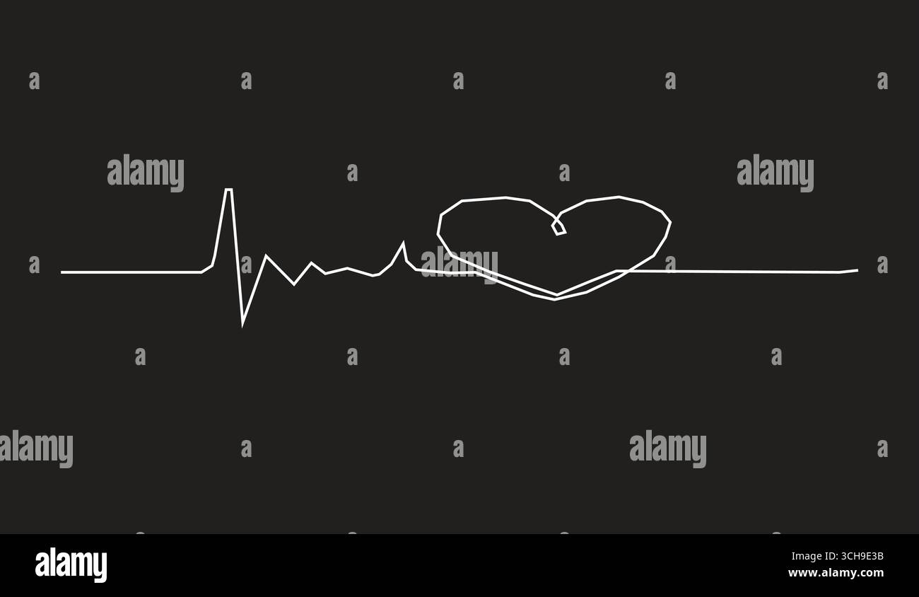 Disegno continuo su una linea dell'impulso del battito cardiaco su sfondo nero. semplice illustrazione vettoriale grafica linea impulso heartbeat. Illustrazione Vettoriale