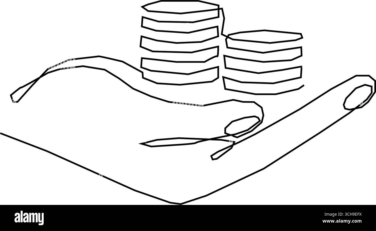 Le monete che tengono a mano impilano un disegno continuo su una linea, Business Concept. illustrazione vettoriale. Illustrazione Vettoriale