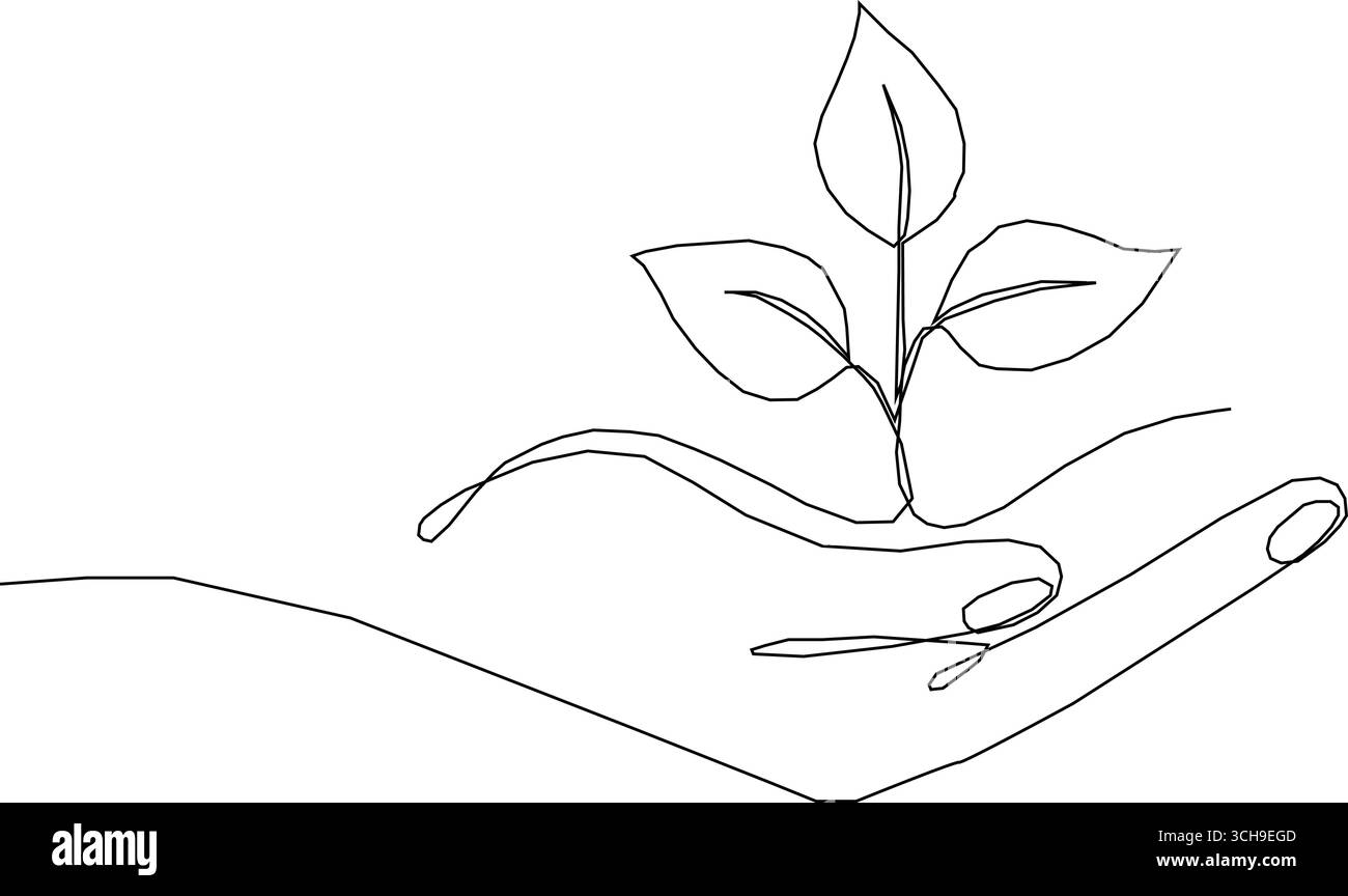 Le lamelle appiattono il disegno della linea continua. Pianta in braccio umano, arte su una linea. Illustrazione vettoriale isolata su bianco. Illustrazione Vettoriale