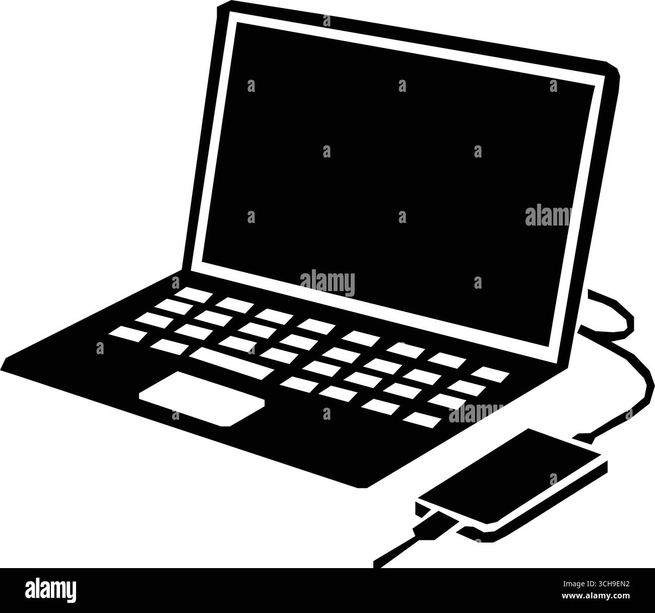 laptop con illustrazione vettoriale della silhouette del caricabatteria. Su sfondo bianco. Illustrazione Vettoriale