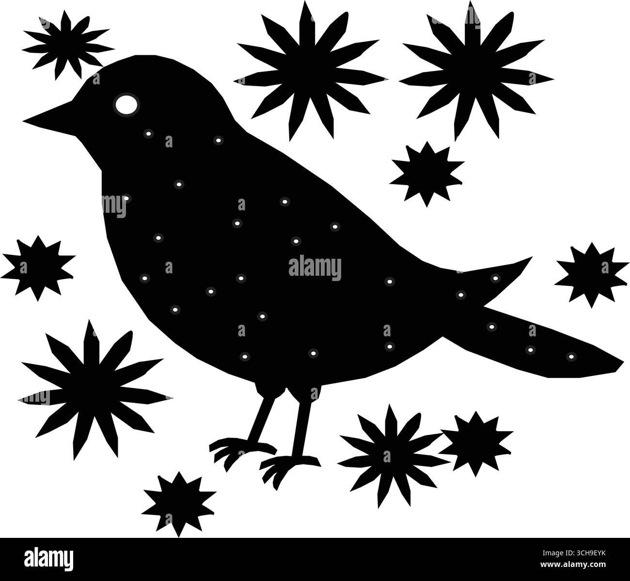 la silhouette nera di un uccello all'interno di una stella bianca circondata da un punto esplode. Illustrazione vettoriale silhouette nera. Illustrazione Vettoriale